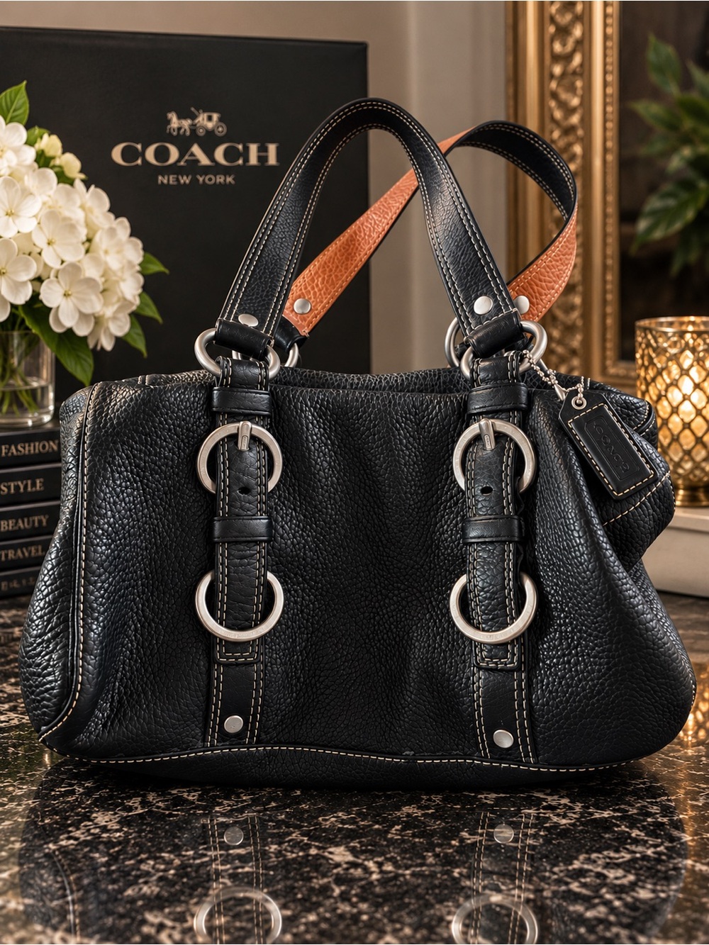 Coach Black Chelsea Satchel Pebbled Leather Shoulder Bag with Tan Accent Handles